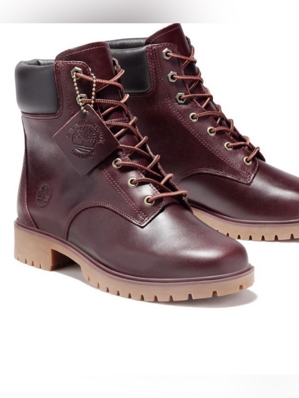 Timberland Women's Burgundy Leather Lace-Up Ankle Boots with Tan Lug Sole